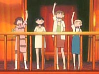 The Alien Party team and Yuri's friend, Miyu, stand on a sunlit balcony. Kumi, Kasumi and Miyu punch the air.