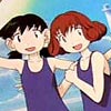 Yuri and Miyu in swimsuits on the beach together and smiling. Yuri holds up a baseball bat with a smashed watermelon in the foreground, she holds a towel flapping in the wind with her other hand. A lighthouse can be seen in the background.