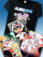 Various Alien 9 goods including a t-shirt, cards and a Yuri character pin.