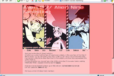 The Alien 9 fanlisting layout, with three vertical images of the three main characters as a large top banner and the content below. Dominantly red.