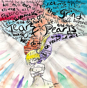 A watercolour illustration of Rain, a girl with blonde hair in a ponytail, who grips herself and spreads her wings. Lyrics from Tears of Pearls by Savage Garden decorate the multicoloured background. Art by kitaneeko.