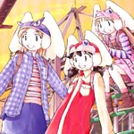 The three girls in casual clothing and their borgs enjoy the view from the top of a playground jungle gym.
